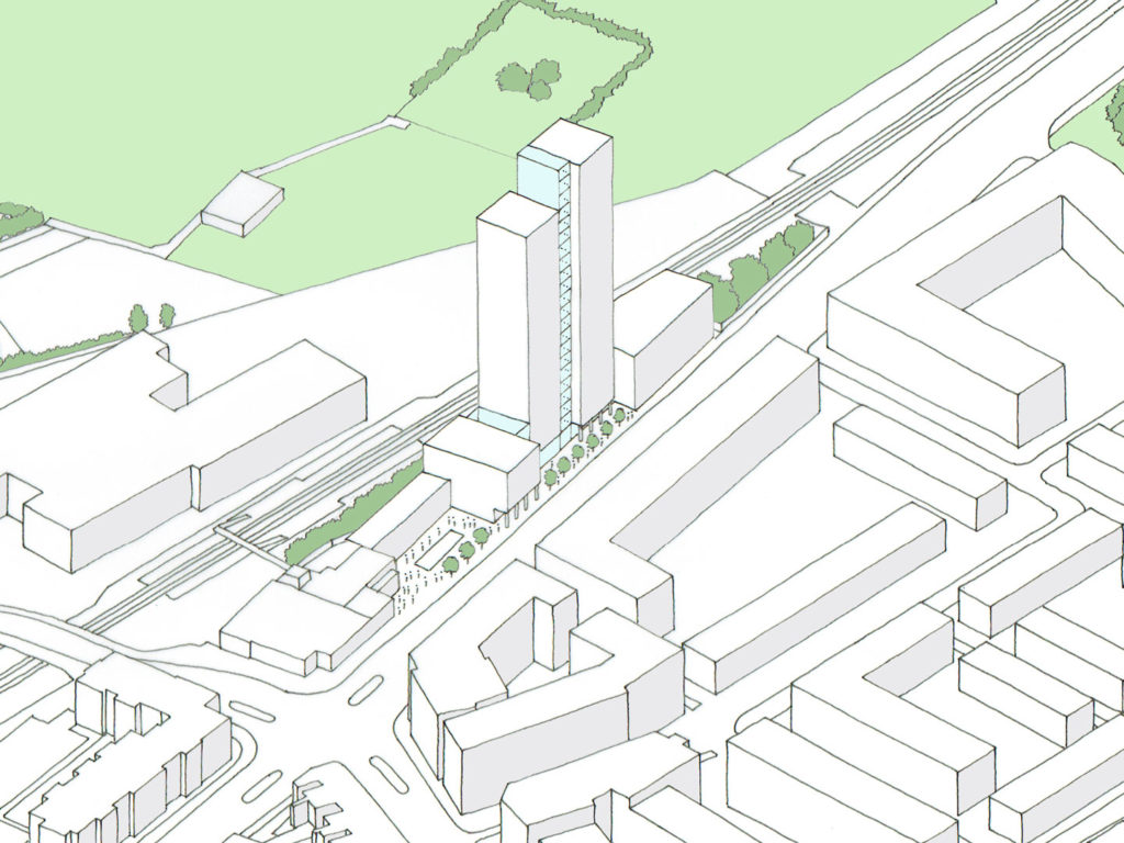 The proposed development of 125 apartments and 30,000 sq ft of commercial space in an elegant tower with associated public spaces above the Blackhorse Road underground station.