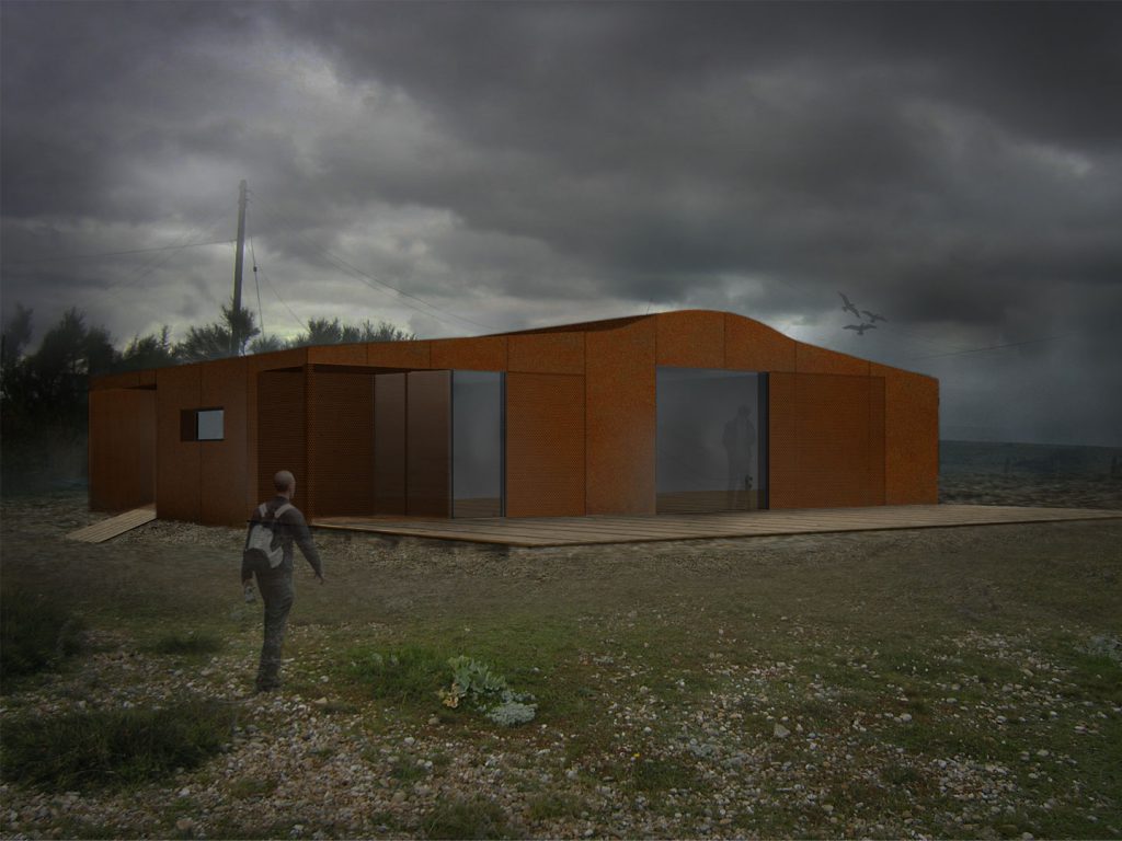 The rationalisation of a 19th century railway carriage with ad hoc extensions on the vast shingle beach of Dungeness.
The new timber frame, clad in Corten steel, houses the preserved railway carriage, converted to a dining area. The serpentine roof follows the contours of the carriage emanating its form.