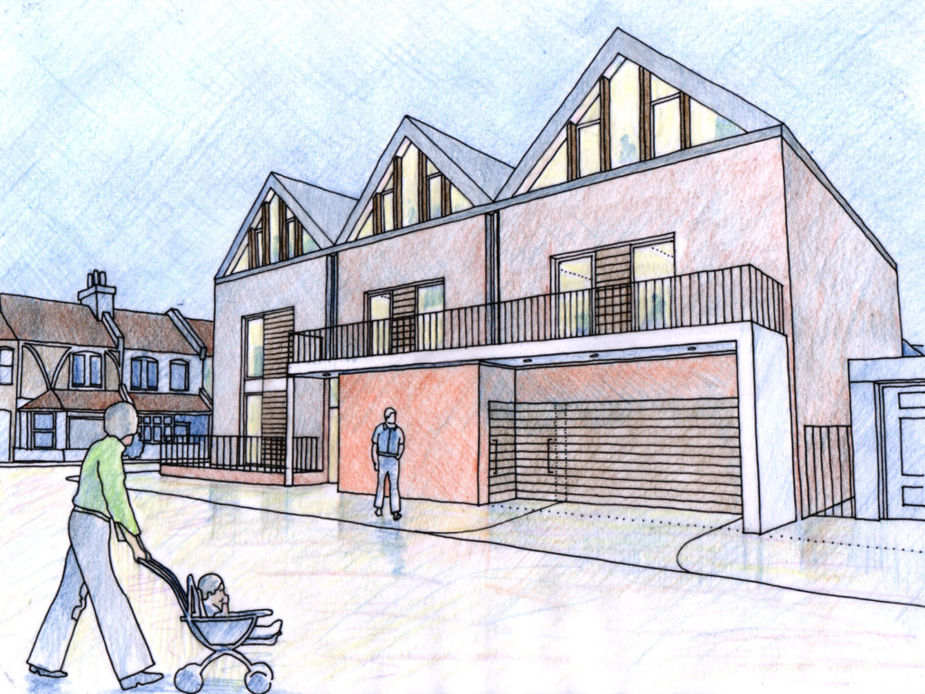 The design of a new build contemporary residential scheme in a suburban setting housing 9 apartments.